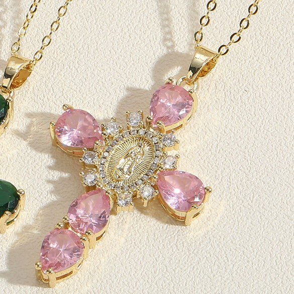Pendant Necklace Female Niche Fashion Cross Virgin Portrait Copper Mixed Gem Inlay Electroplating Zircon Ochain