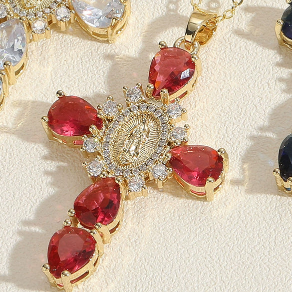 Pendant Necklace Female Niche Fashion Cross Virgin Portrait Copper Mixed Gem Inlay Electroplating Zircon Ochain