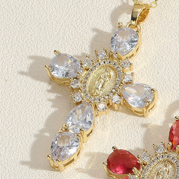 Pendant Necklace Female Niche Fashion Cross Virgin Portrait Copper Mixed Gem Inlay Electroplating Zircon Ochain