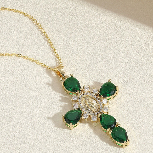 Pendant Necklace Female Niche Fashion Cross Virgin Portrait Copper Mixed Gem Inlay Electroplating Zircon Ochain