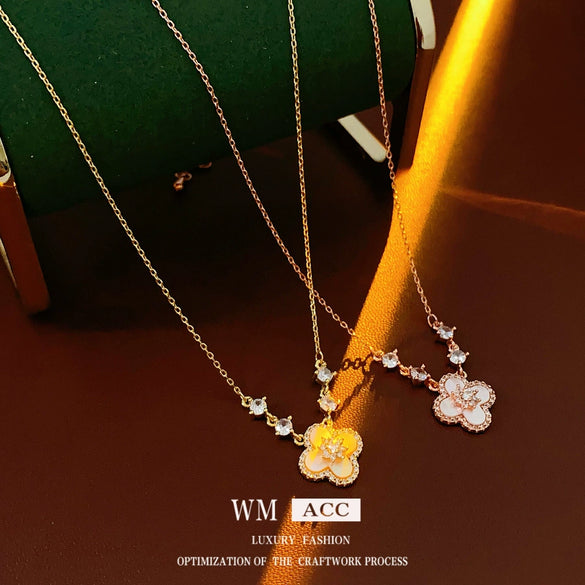 Pendant Necklace Flower Pattern Motherofpearl Real Gold Electroplated Copper 925 Silver Zirconia Women's Light Luxury Style