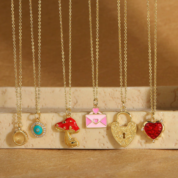 Pendant Necklace For Women Copper Geometric Shape Mixed Gemstone Setting Electroplating Heart Envelope Love Lock Design