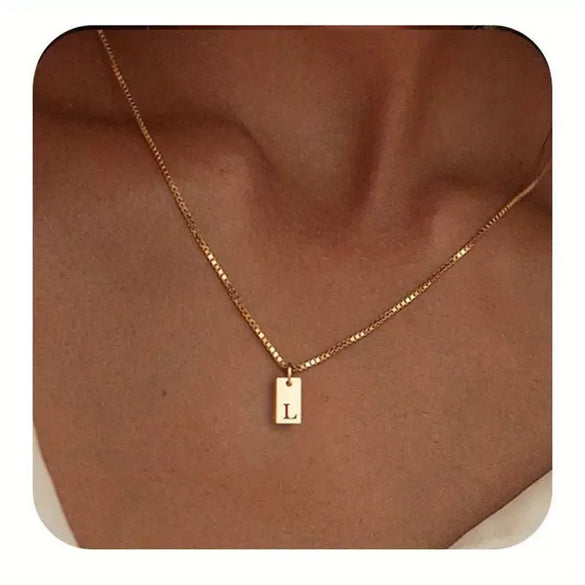 Pendant Necklace Geometric Titanium Steel Engraving Square Letter Style 14K Gold Plated