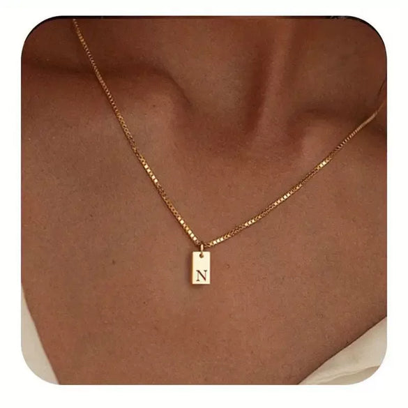 Pendant Necklace Geometric Titanium Steel Engraving Square Letter Style 14K Gold Plated