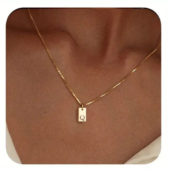 Pendant Necklace Geometric Titanium Steel Engraving Square Letter Style 14K Gold Plated