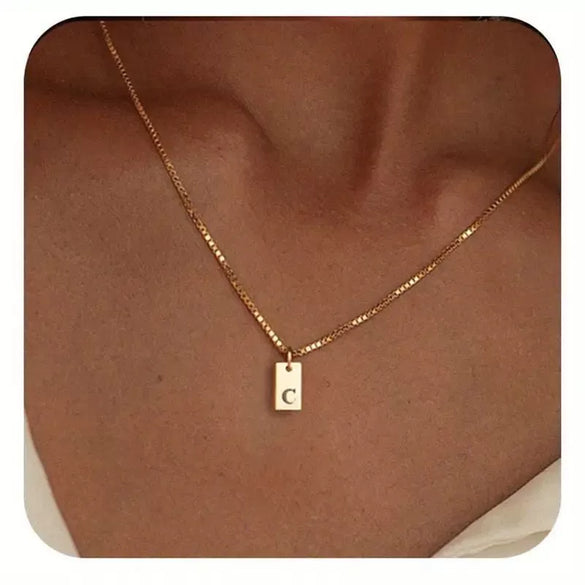 Pendant Necklace Geometric Titanium Steel Engraving Square Letter Style 14K Gold Plated