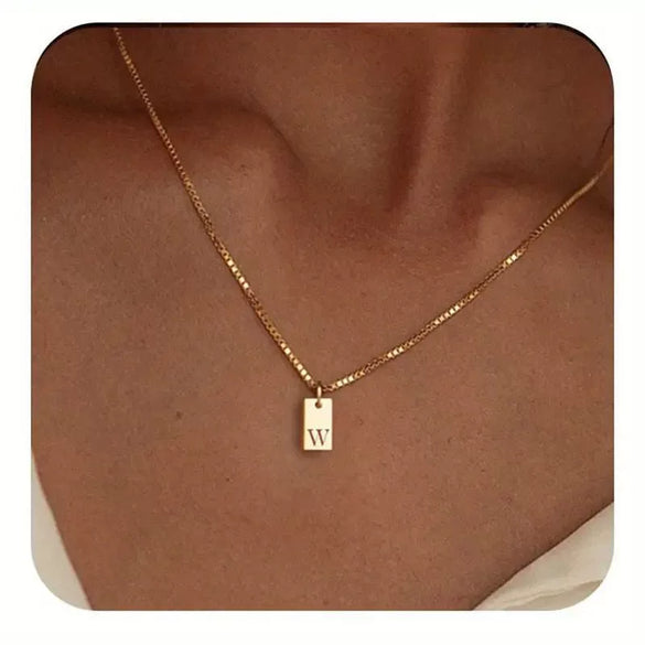 Pendant Necklace Geometric Titanium Steel Engraving Square Letter Style 14K Gold Plated