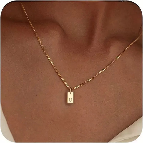 Pendant Necklace Geometric Titanium Steel Engraving Square Letter Style 14K Gold Plated