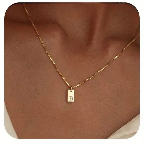 Pendant Necklace Geometric Titanium Steel Engraving Square Letter Style 14K Gold Plated