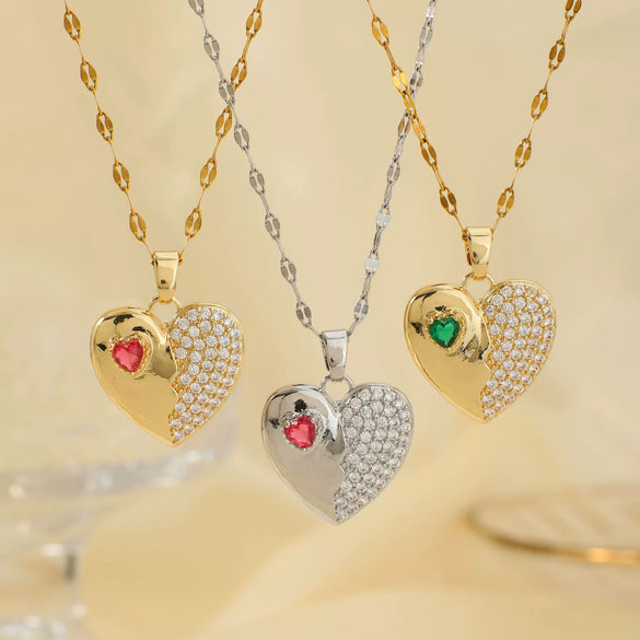 Pendant Necklace Heart Shape Copper Inlaid Zircon Electroplated