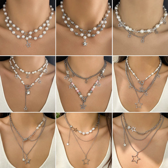 Pendant Necklace Hip Hop Star Shape Geometric Imitation Pearl Metal Zinc Alloy Iron Electroplating Ball Chain