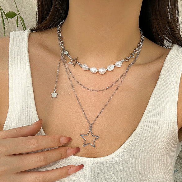Pendant Necklace Hip Hop Star Shape Geometric Imitation Pearl Metal Zinc Alloy Iron Electroplating Ball Chain