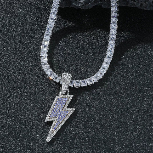 Pendant Necklace Hiphop Disco Lightning Style Copper Alloy With Diamond Geometric Design For Men And Women
