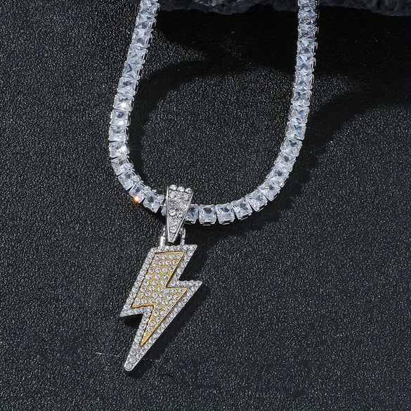 Pendant Necklace Hiphop Disco Lightning Style Copper Alloy With Diamond Geometric Design For Men And Women