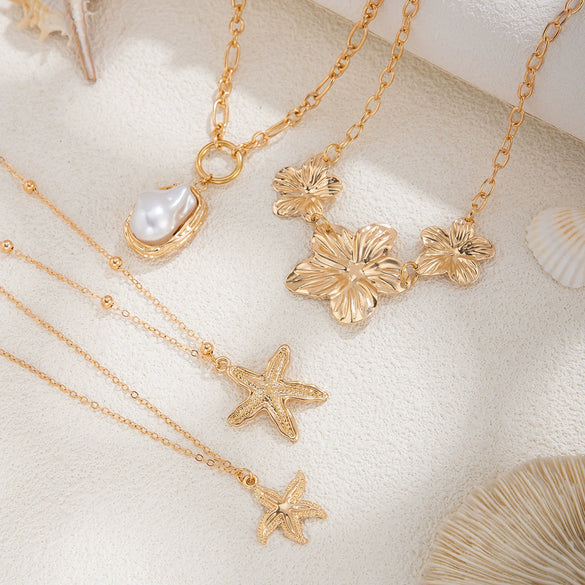 Pendant Necklace Imitation Pearl Alloy Star Flower Electroplating For Women