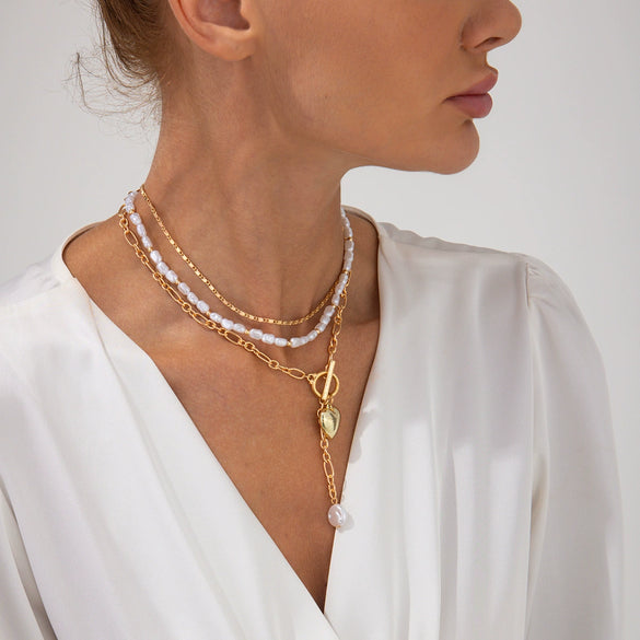 Pendant Necklace Imitation Pearl Beaded Geometric Alloy Electroplating Stacking Style Peach Heart