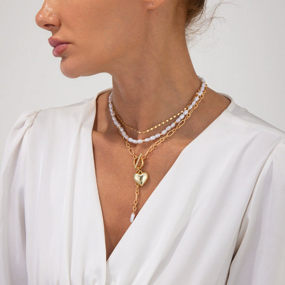 Pendant Necklace Imitation Pearl Beaded Geometric Alloy Electroplating Stacking Style Peach Heart