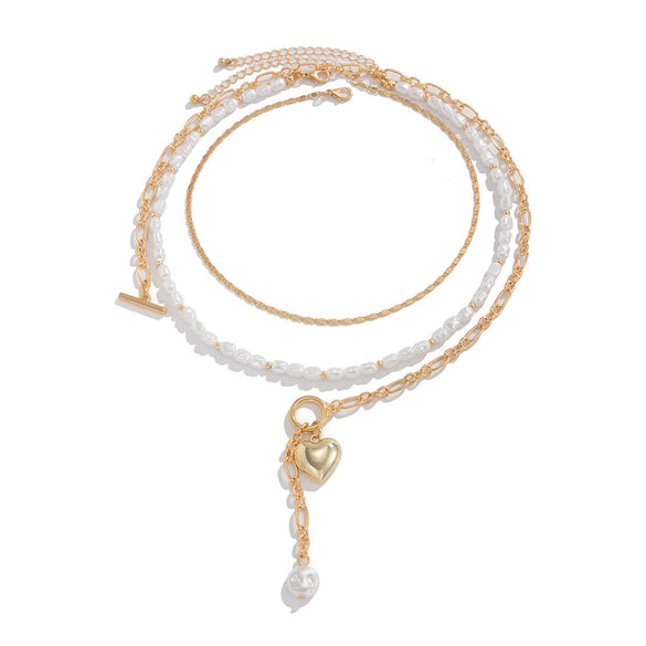 Pendant Necklace Imitation Pearl Beaded Geometric Alloy Electroplating Stacking Style Peach Heart
