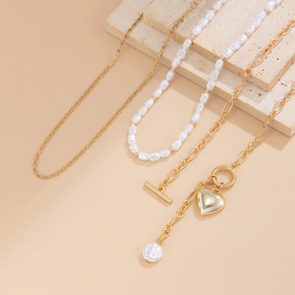 Pendant Necklace Imitation Pearl Beaded Geometric Alloy Electroplating Stacking Style Peach Heart