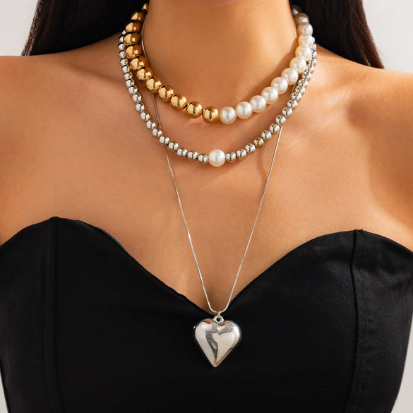Pendant Necklace Imitation Pearl Heartshaped Geometric Electroplated Ball Chain Women's