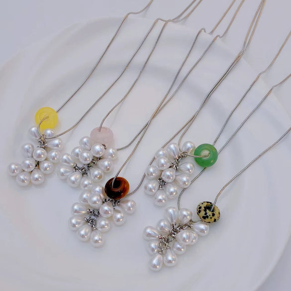 Pendant Necklace Imitation Pearl Resin Copper Drop Shape Electroplating Snake Bone Chain For Women