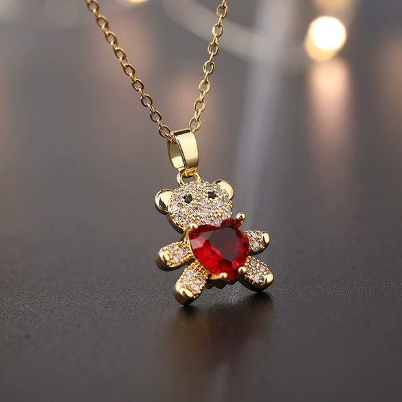 Pendant Necklace Jewelry Copper Mixed Gem Inlaid Animal Zodiac Electroplated Cute Bear Love Design Ochain
