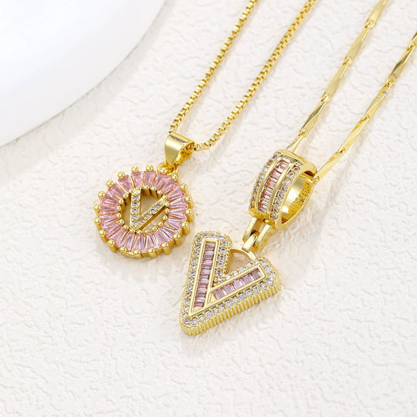 Pendant Necklace Jewelry Set Copper Inlaid With Zirconium Plated Real Gold Geometric Letter Round Flower Light Luxury Style