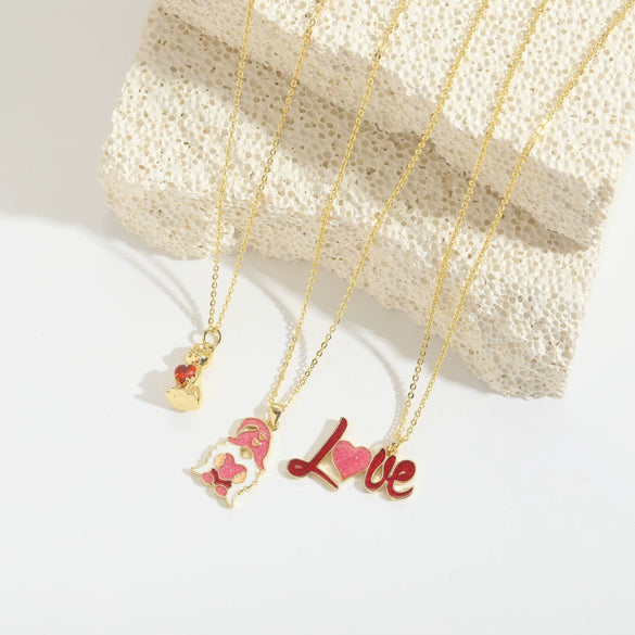 Pendant Necklace Ladies Clavicle Chain Simple Cute Retro Oil Dripping Love Word Design Copper Electroplating Geometric Style Mixed Gemstone Setting O Word Chain