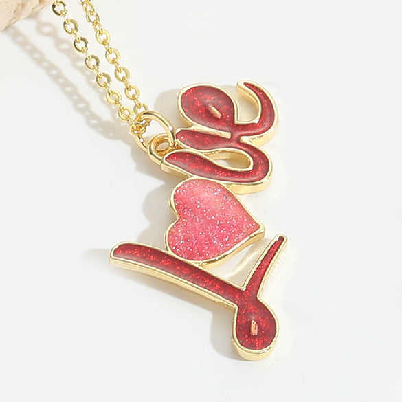 Pendant Necklace Ladies Clavicle Chain Simple Cute Retro Oil Dripping Love Word Design Copper Electroplating Geometric Style Mixed Gemstone Setting O Word Chain