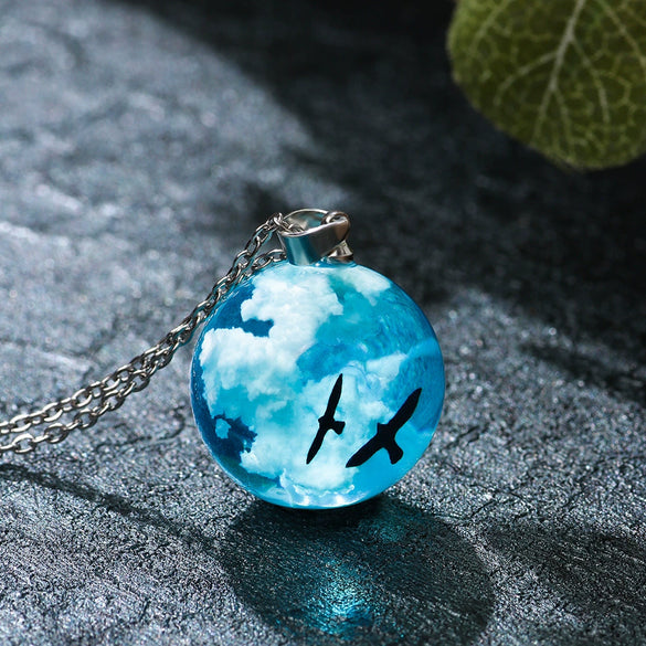 Pendant Necklace Matte Resin Crystal Ball Electroplating Blue Sky White Clouds Birds Creative Women's Cross Chain