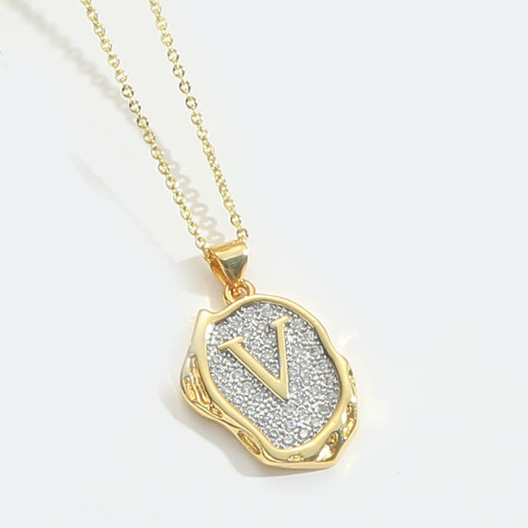 Pendant Necklace Mixed Gemstone Setting Copper Retro Asymmetrical Disc Oval Letters Pattern Electroplating