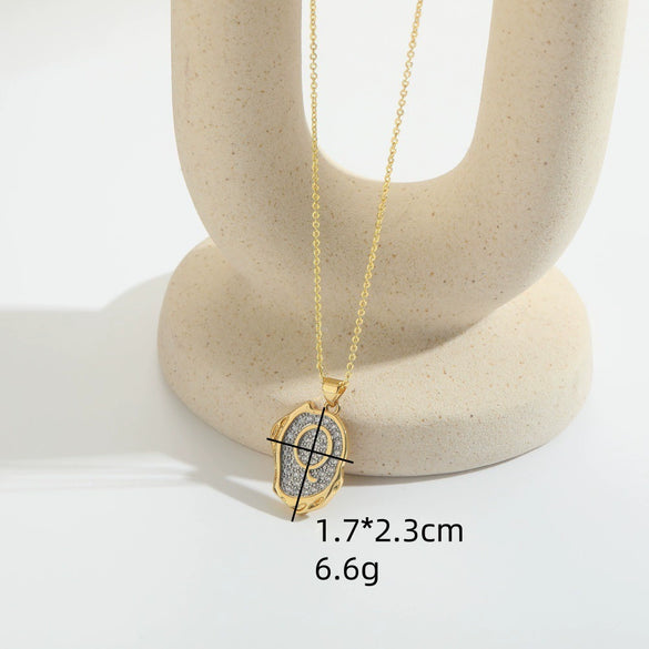 Pendant Necklace Mixed Gemstone Setting Copper Retro Asymmetrical Disc Oval Letters Pattern Electroplating