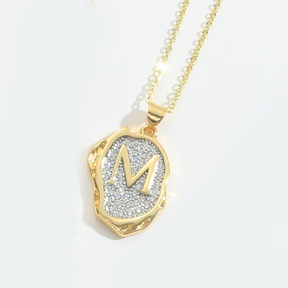 Pendant Necklace Mixed Gemstone Setting Copper Retro Asymmetrical Disc Oval Letters Pattern Electroplating
