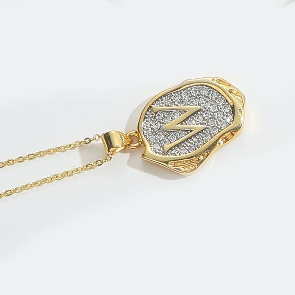 Pendant Necklace Mixed Gemstone Setting Copper Retro Asymmetrical Disc Oval Letters Pattern Electroplating