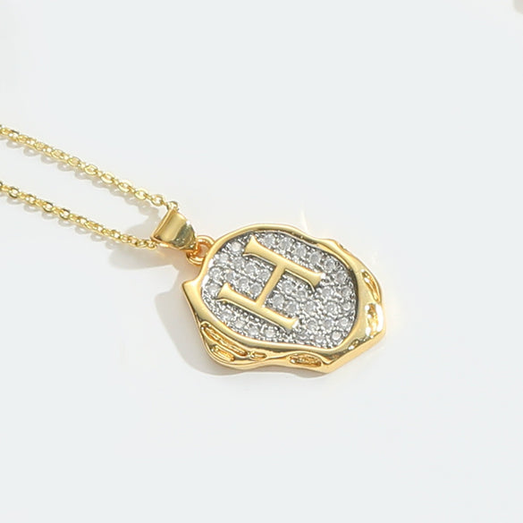 Pendant Necklace Mixed Gemstone Setting Copper Retro Asymmetrical Disc Oval Letters Pattern Electroplating