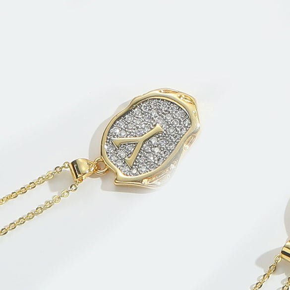 Pendant Necklace Mixed Gemstone Setting Copper Retro Asymmetrical Disc Oval Letters Pattern Electroplating