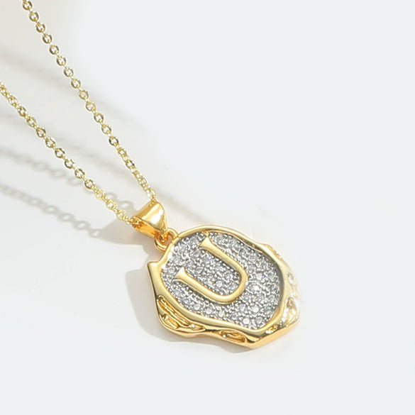 Pendant Necklace Mixed Gemstone Setting Copper Retro Asymmetrical Disc Oval Letters Pattern Electroplating
