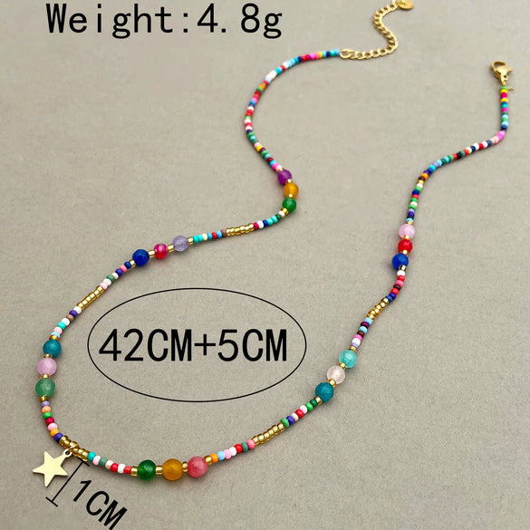 Pendant Necklace Multicolor Natural Stone Titanium Steel Fivepointed Star Exotic Bohemian Style Electroplated