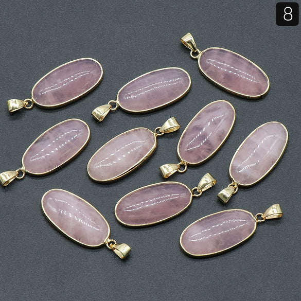 Pendant Necklace Natural Agate Crystal Semiprecious Stone Gilded Oval Polished Edging