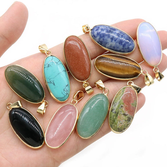 Pendant Necklace Natural Agate Crystal Semiprecious Stone Gilded Oval Polished Edging