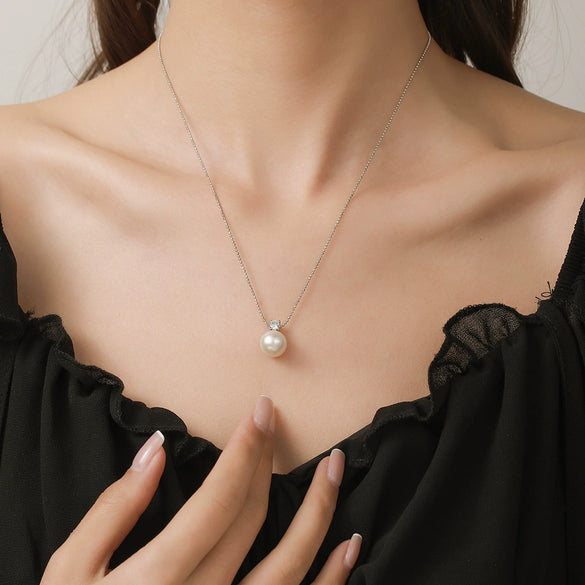 Pendant Necklace Natural Freshwater Pearl Round S925 Sterling Silver Elegant Minimalist