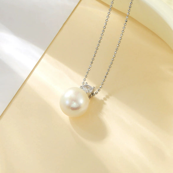 Pendant Necklace Natural Freshwater Pearl Round S925 Sterling Silver Elegant Minimalist
