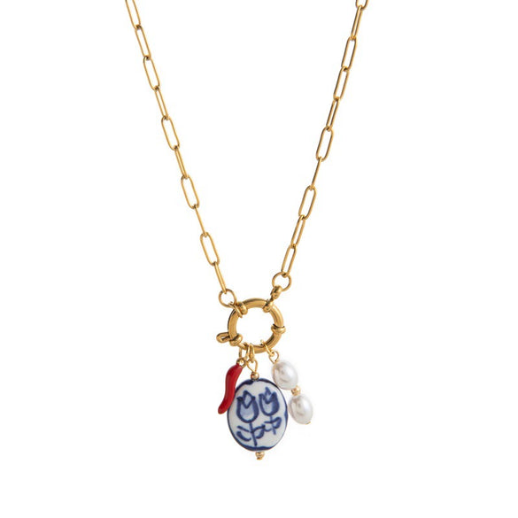 Pendant Necklace Retro Style Titanium Steel Geometric Pattern Electroplating Unisex Pearl