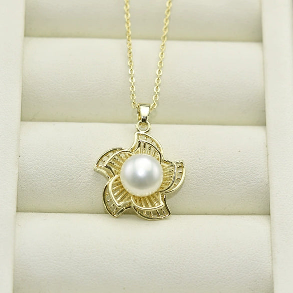 Pendant Necklace 925 Silver Copper Freshwater Pearl Hollow Flower Style