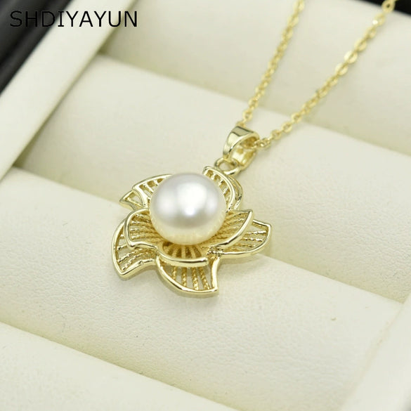 Pendant Necklace 925 Silver Copper Freshwater Pearl Hollow Flower Style
