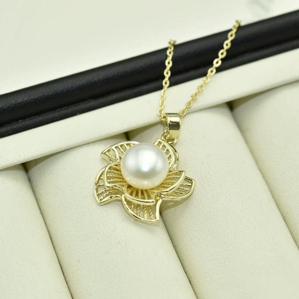 Pendant Necklace 925 Silver Copper Freshwater Pearl Hollow Flower Style