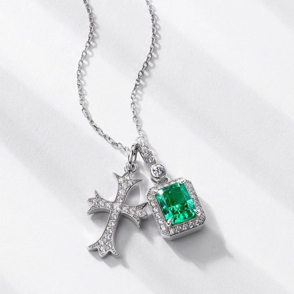 Pendant Necklace 925 Silver Emerald High Carbon Diamond Geometric Retro Style Cross Chain