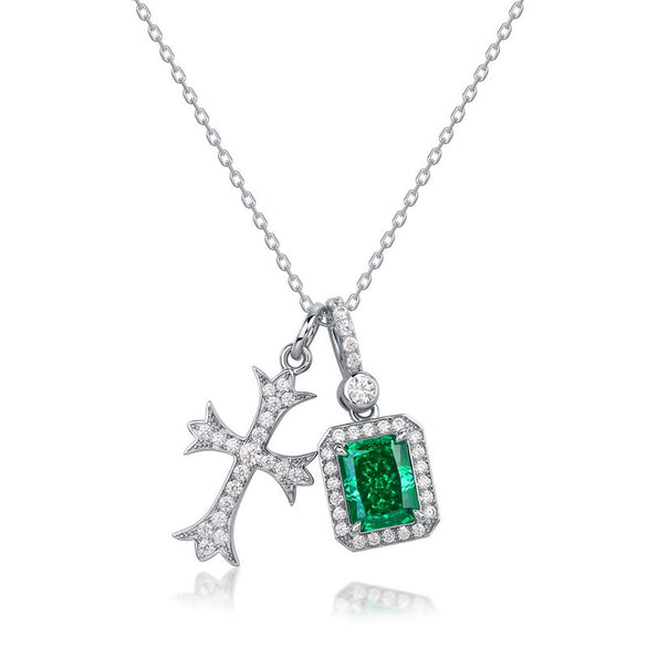 Pendant Necklace 925 Silver Emerald High Carbon Diamond Geometric Retro Style Cross Chain