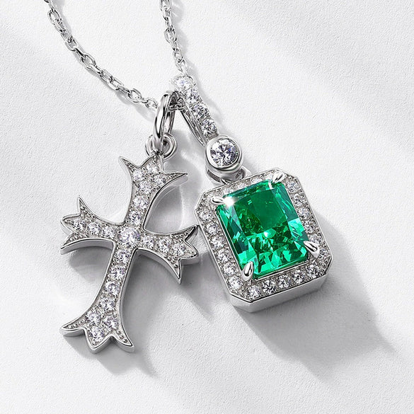 Pendant Necklace 925 Silver Emerald High Carbon Diamond Geometric Retro Style Cross Chain