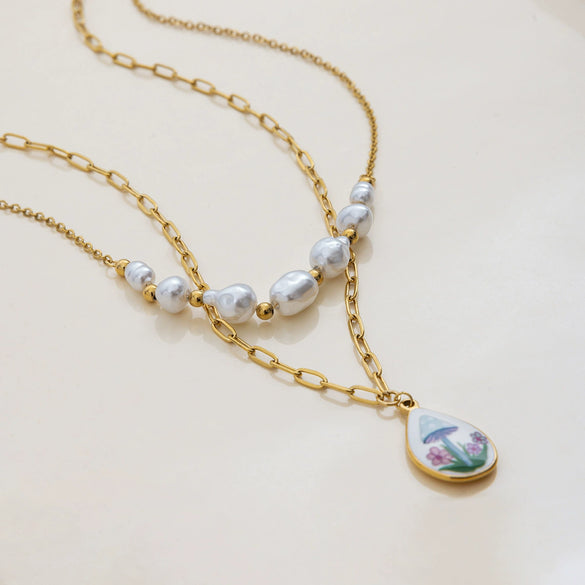 Pendant Necklace Stainless Steel Doublelayer Chain Pearl Splicing Sweet Geometric Drop Shape Electroplating For Women